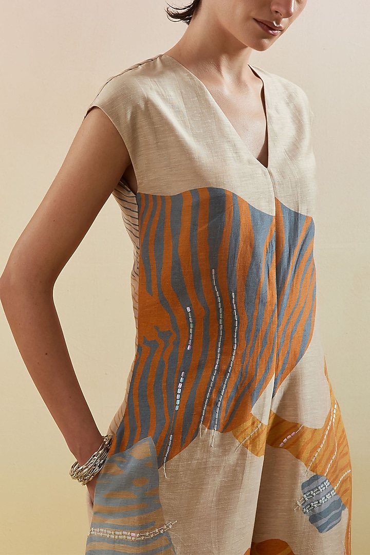Beige & Teal Linen Silk Embellished Jumpsuit by CLOS at Pernia's Pop Up Shop