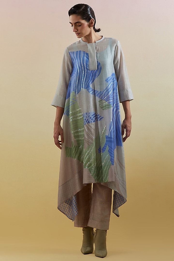 Beige & Blue Linen Silk Embellished Kurta Set by CLOS at Pernia's Pop Up Shop