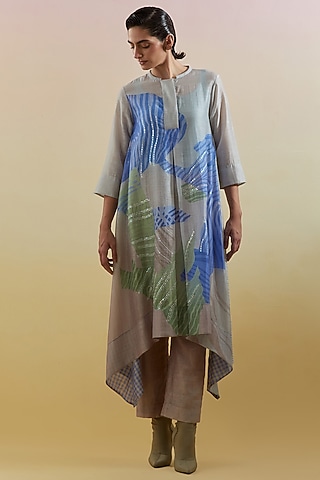 Beige & Blue Linen Silk Embellished Kurta Set by CLOS