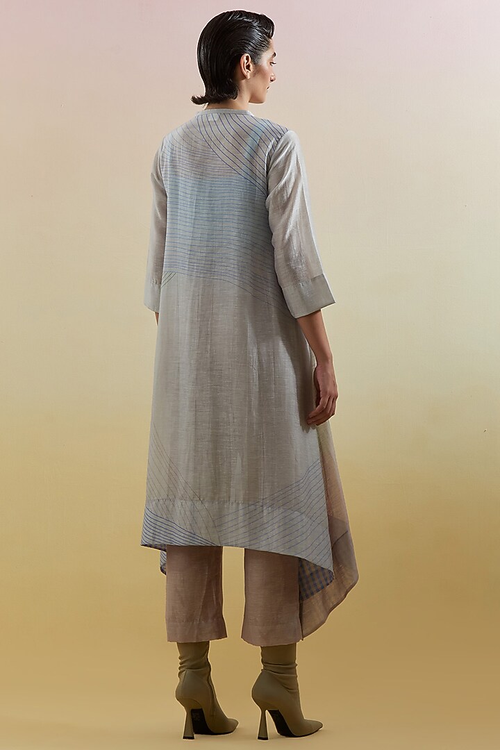 Beige & Blue Linen Silk Embellished Kurta Set by CLOS at Pernia's Pop Up Shop
