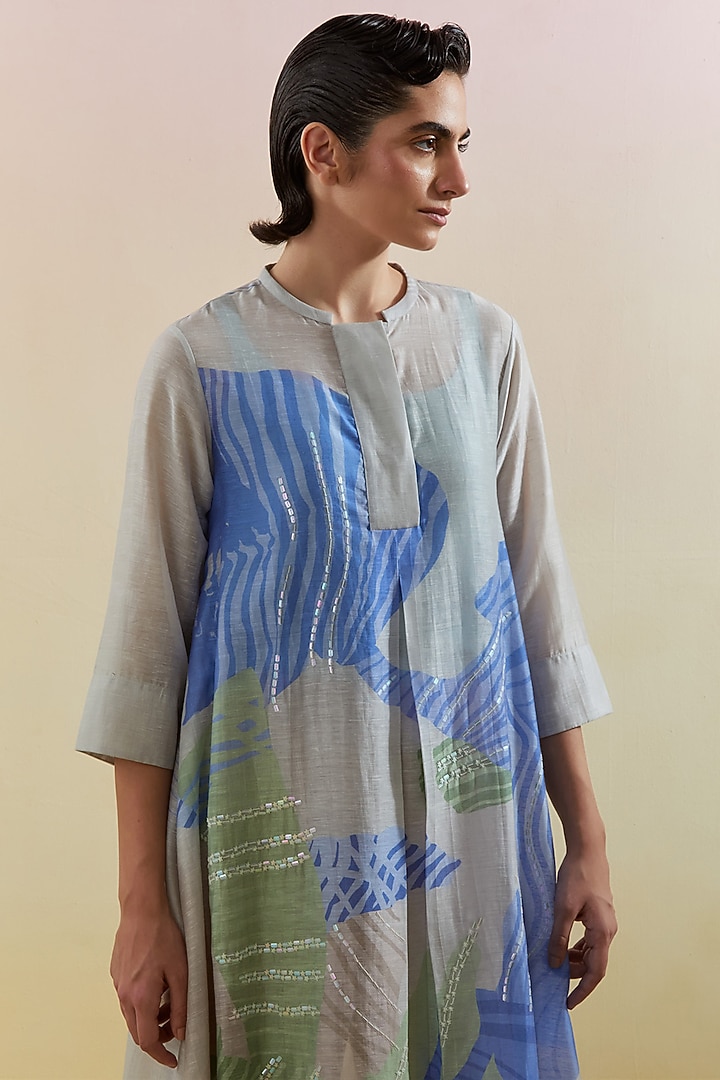Beige & Blue Linen Silk Embellished Kurta Set by CLOS at Pernia's Pop Up Shop