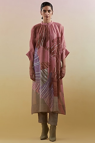 Dusty Pink Linen Silk Embellished Kurta Set by CLOS
