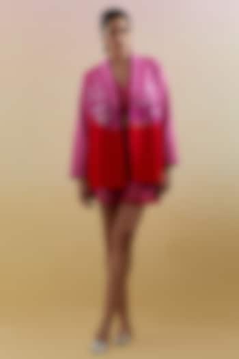 Fuchsia & Red Dupion Silk Metallic Embellished Blazer Set by CLOS at Pernia's Pop Up Shop