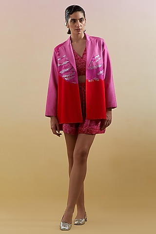 Fuchsia & Red Dupion Silk Metallic Embellished Blazer Set by CLOS