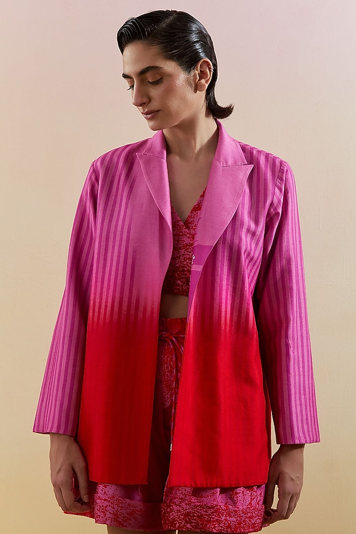 Fuchsia & Red Dupion Silk Metallic Embellished Blazer Set by CLOS at Pernia's Pop Up Shop