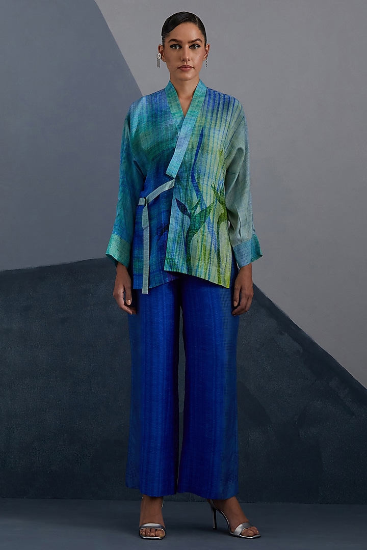 Deep Blue & Teal Dupion Silk Printed Co-Ord Set by CLOS at Pernia's Pop Up Shop
