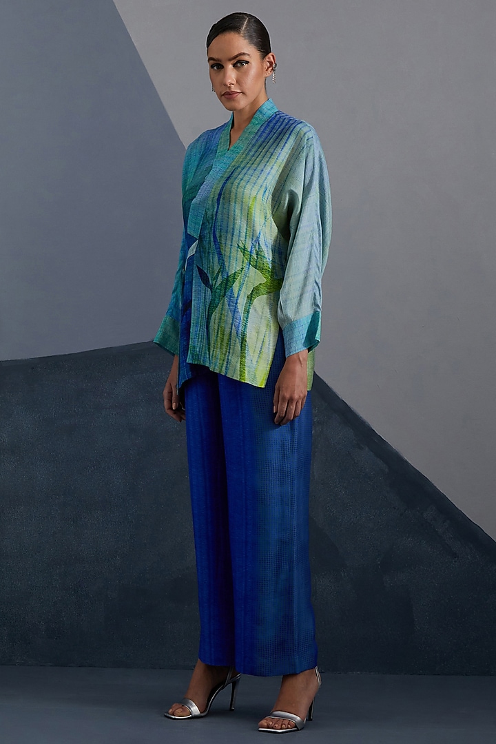 Deep Blue & Teal Dupion Silk Printed Co-Ord Set by CLOS at Pernia's Pop Up Shop