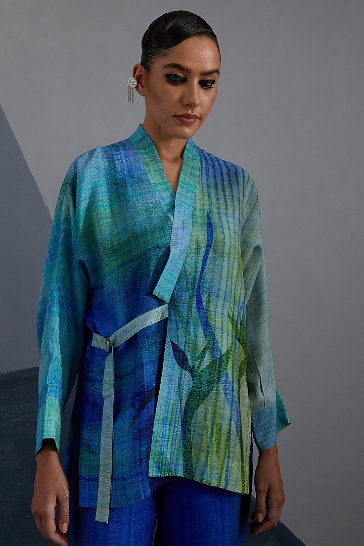 Deep Blue & Teal Dupion Silk Printed Co-Ord Set by CLOS at Pernia's Pop Up Shop