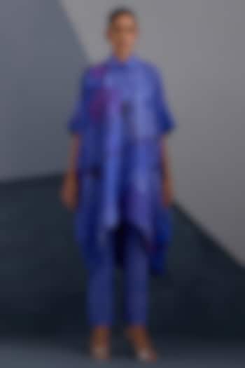 Cobalt Blue & Indigo Dupion Silk Printed High-Low Kaftan Set by CLOS at Pernia's Pop Up Shop