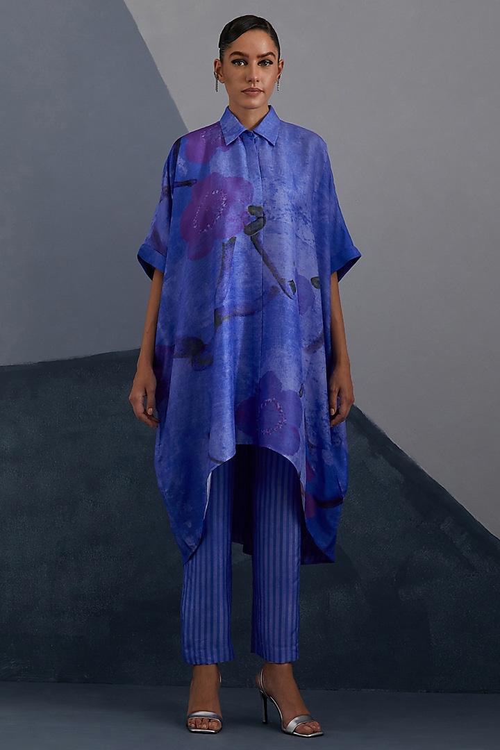 Cobalt Blue & Indigo Dupion Silk Printed High-Low Kaftan Set by CLOS at Pernia's Pop Up Shop