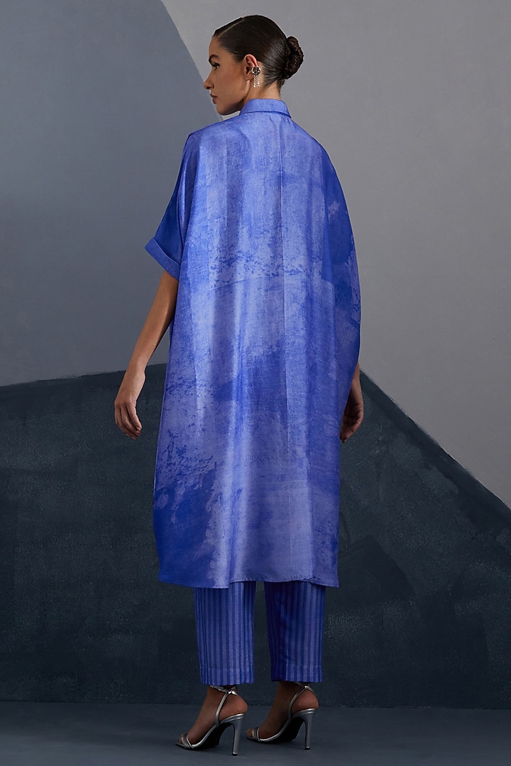 Cobalt Blue & Indigo Dupion Silk Printed High-Low Kaftan Set by CLOS at Pernia's Pop Up Shop