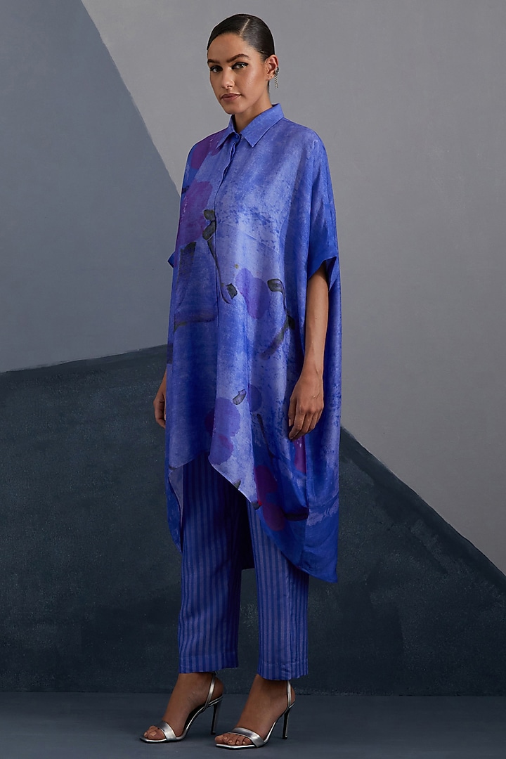 Cobalt Blue & Indigo Dupion Silk Printed High-Low Kaftan Set by CLOS at Pernia's Pop Up Shop