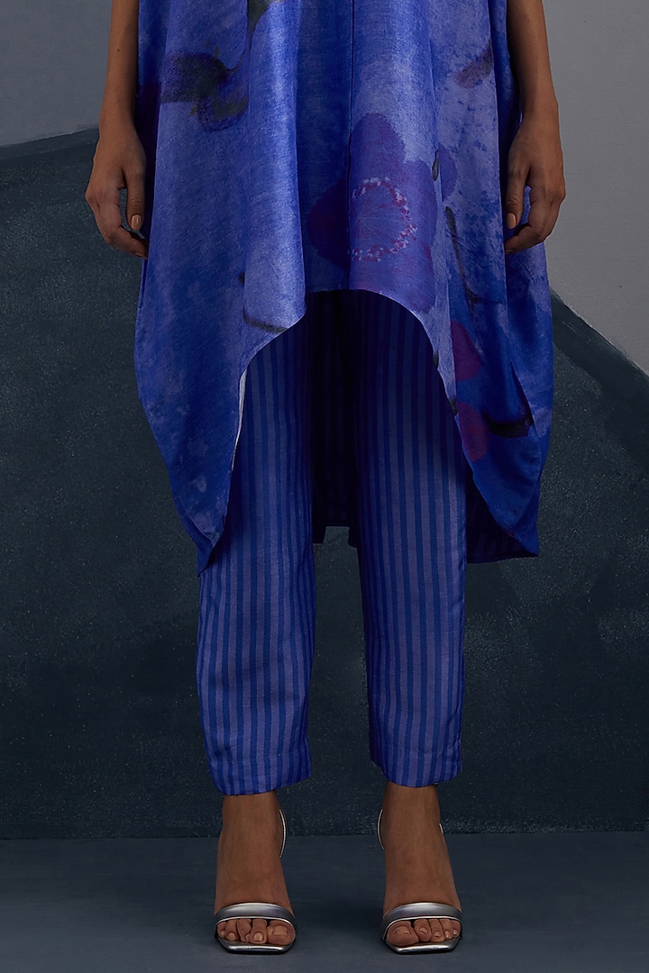 Cobalt Blue & Indigo Dupion Silk Printed High-Low Kaftan Set by CLOS at Pernia's Pop Up Shop