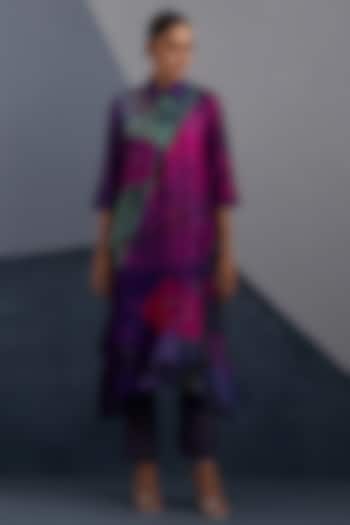 Purple & Fuchsia Pink Dupion Silk Printed Asymmetrical Tunic Set by CLOS at Pernia's Pop Up Shop