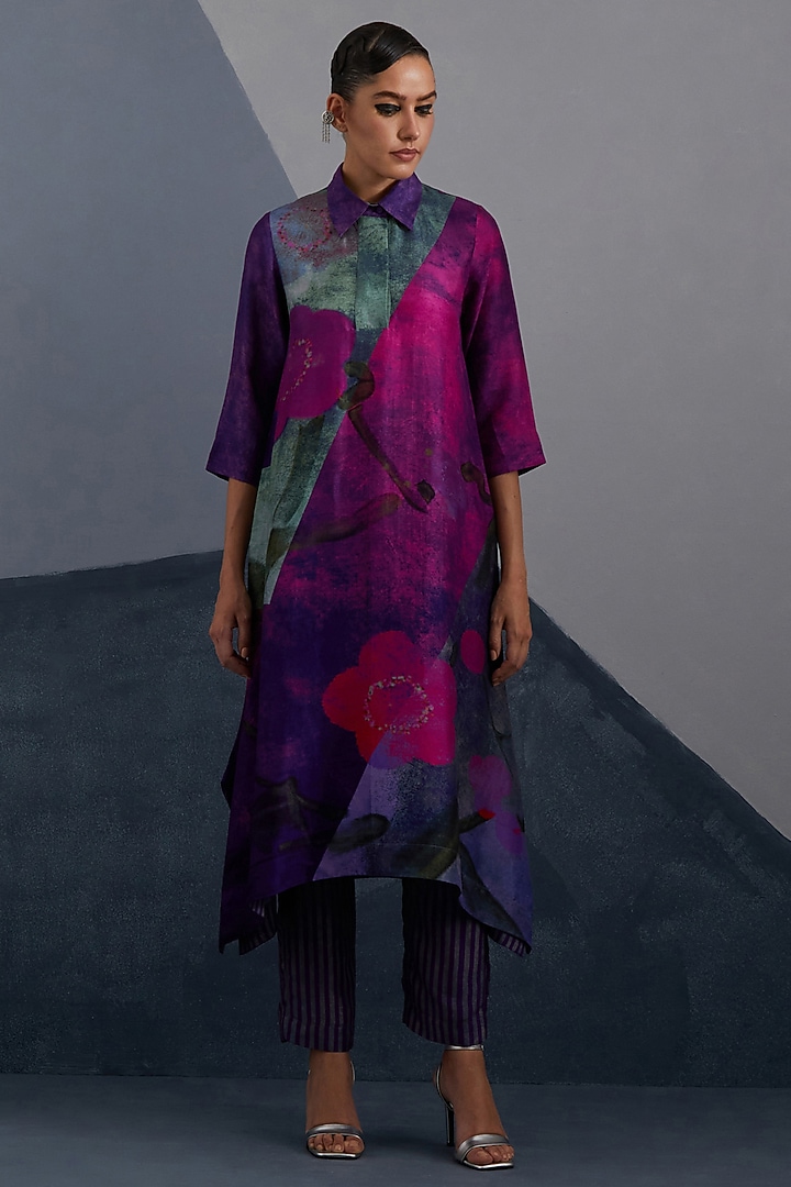 Purple & Fuchsia Pink Dupion Silk Printed Asymmetrical Tunic Set by CLOS at Pernia's Pop Up Shop