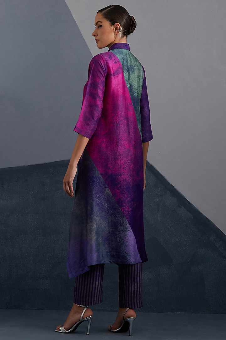Purple & Fuchsia Pink Dupion Silk Printed Asymmetrical Tunic Set by CLOS at Pernia's Pop Up Shop
