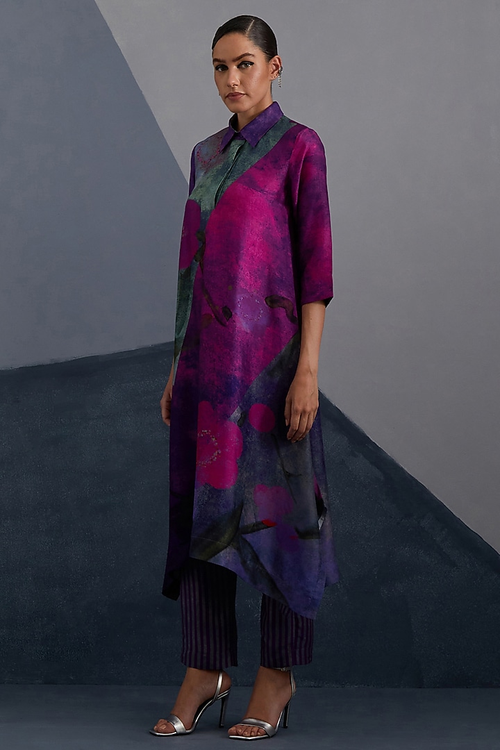 Purple & Fuchsia Pink Dupion Silk Printed Asymmetrical Tunic Set by CLOS at Pernia's Pop Up Shop