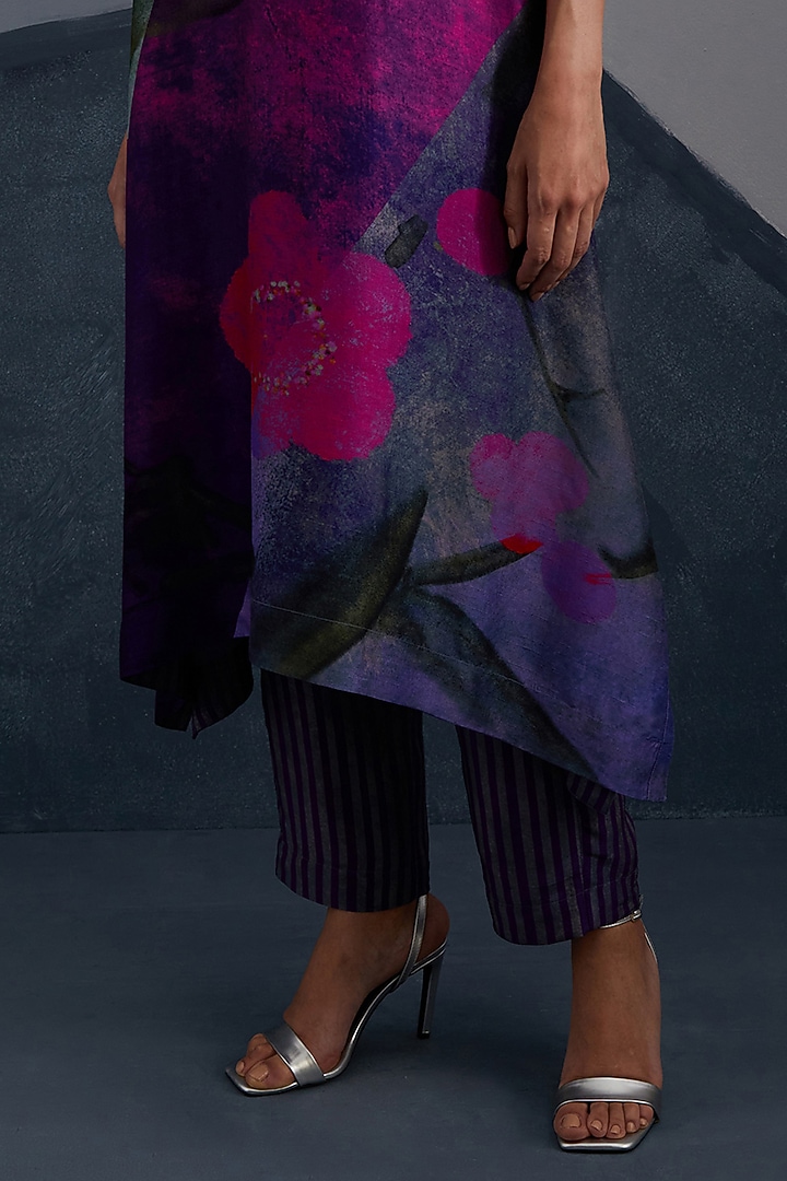 Purple & Fuchsia Pink Dupion Silk Printed Asymmetrical Tunic Set by CLOS at Pernia's Pop Up Shop