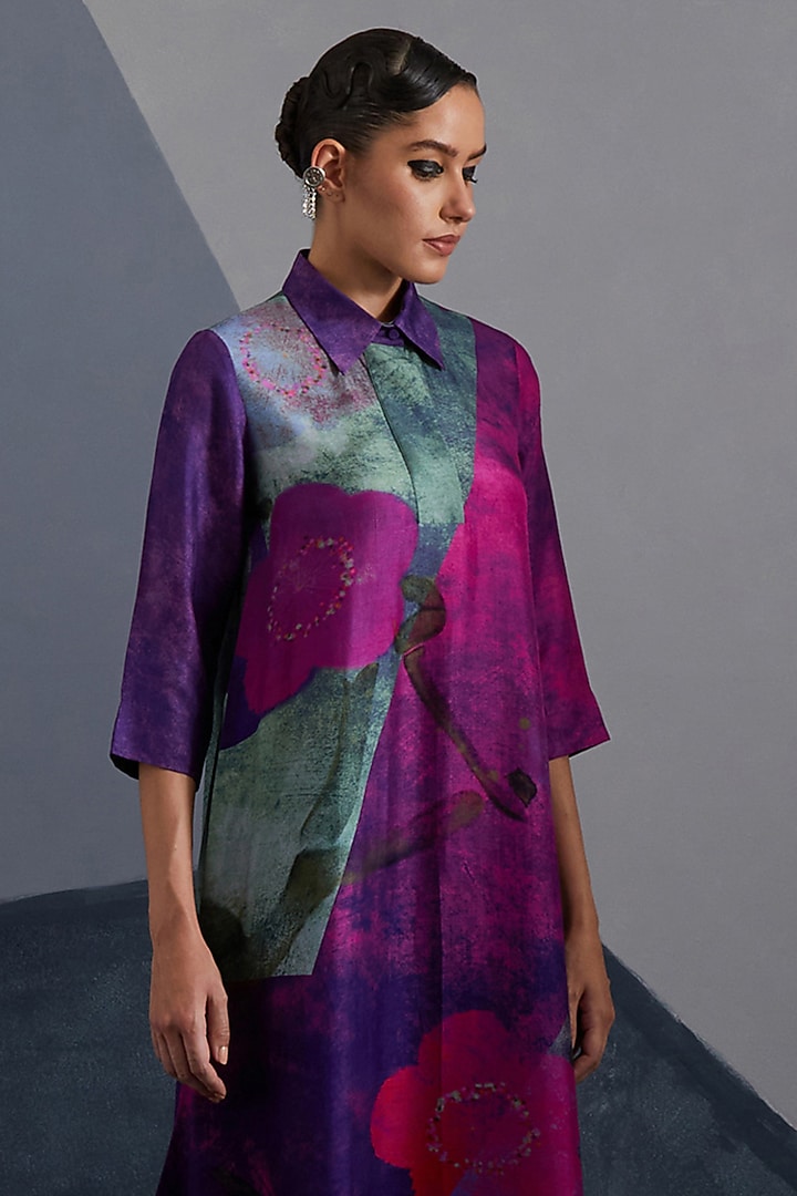 Purple & Fuchsia Pink Dupion Silk Printed Asymmetrical Tunic Set by CLOS at Pernia's Pop Up Shop