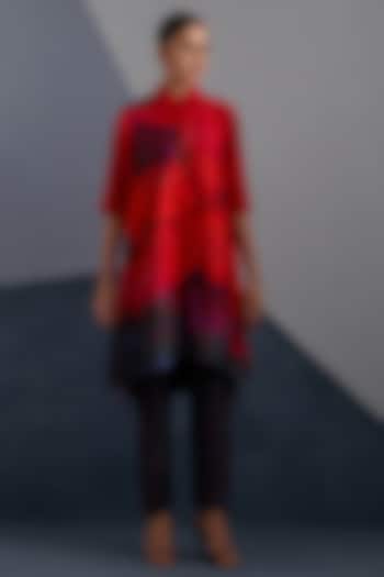 Ruby Red & Slate Black Dupion Silk Printed High-Low Tunic Set by CLOS at Pernia's Pop Up Shop