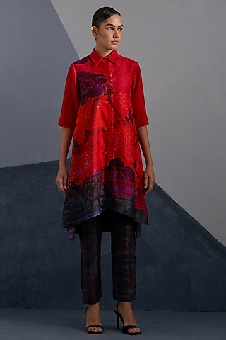 Ruby Red & Slate Black Dupion Silk Printed High-Low Tunic Set by CLOS