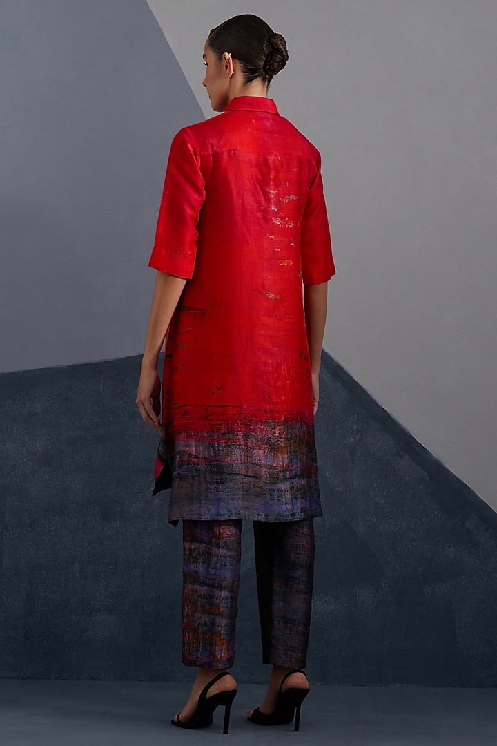 Ruby Red & Slate Black Dupion Silk Printed High-Low Tunic Set by CLOS at Pernia's Pop Up Shop