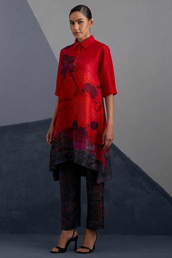 Ruby Red & Slate Black Dupion Silk Printed High-Low Tunic Set by CLOS at Pernia's Pop Up Shop