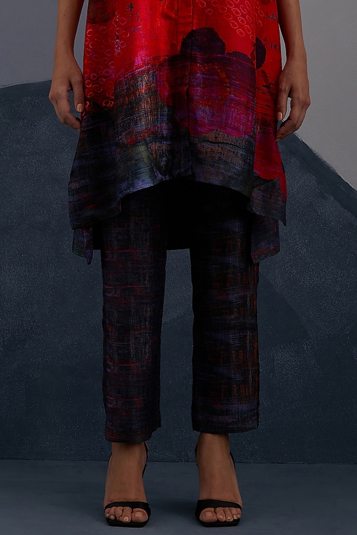 Ruby Red & Slate Black Dupion Silk Printed High-Low Tunic Set by CLOS at Pernia's Pop Up Shop