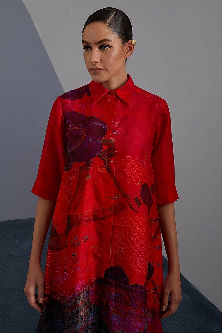 Ruby Red & Slate Black Dupion Silk Printed High-Low Tunic Set by CLOS at Pernia's Pop Up Shop