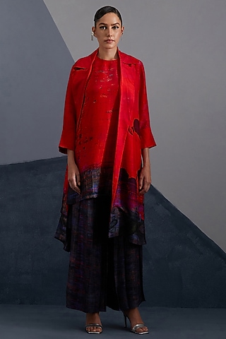 Ruby Red & Slate Black Dupion Silk Boxy Tunic Set by CLOS