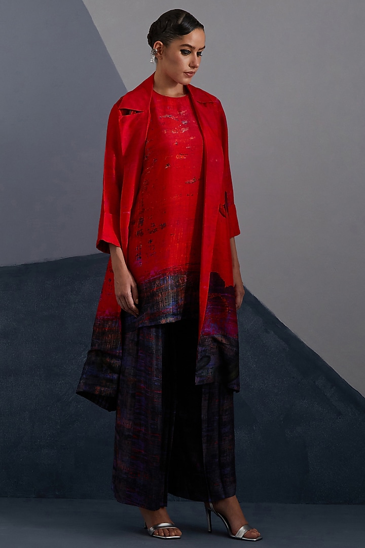 Ruby Red & Slate Black Dupion Silk Boxy Tunic Set by CLOS at Pernia's Pop Up Shop