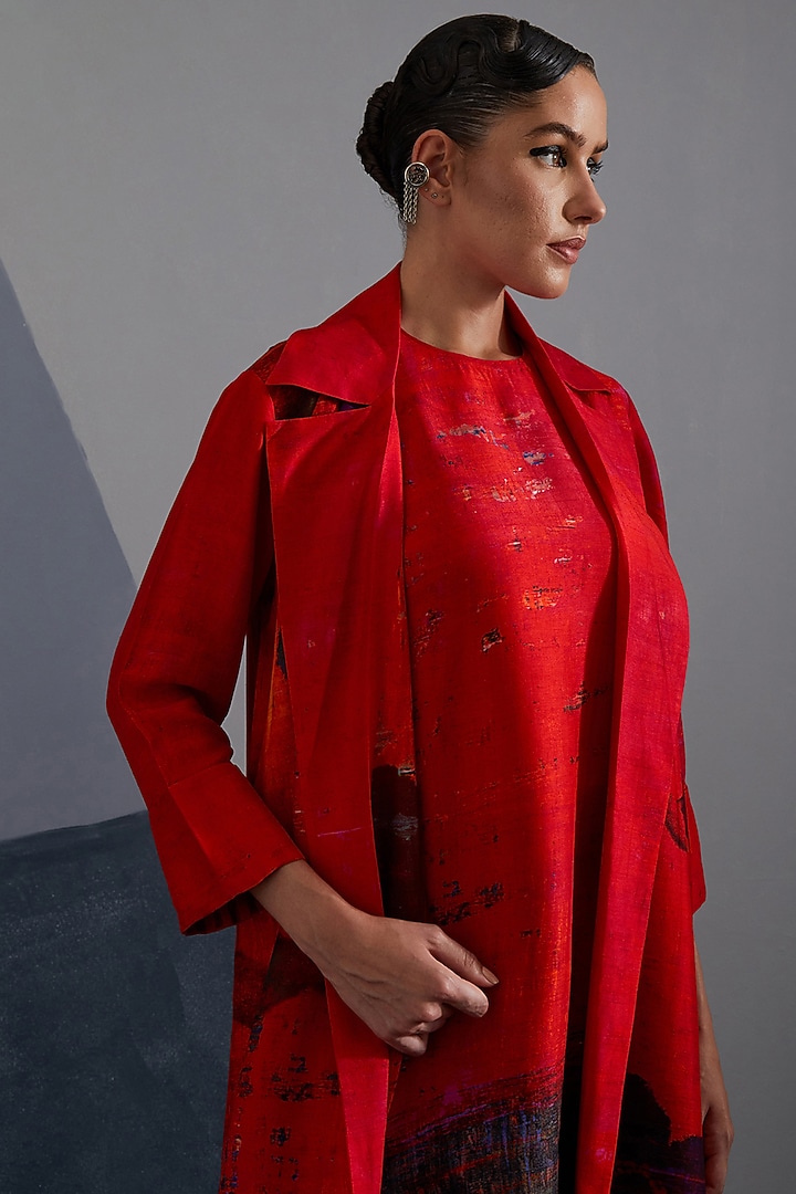 Ruby Red & Slate Black Dupion Silk Boxy Tunic Set by CLOS at Pernia's Pop Up Shop