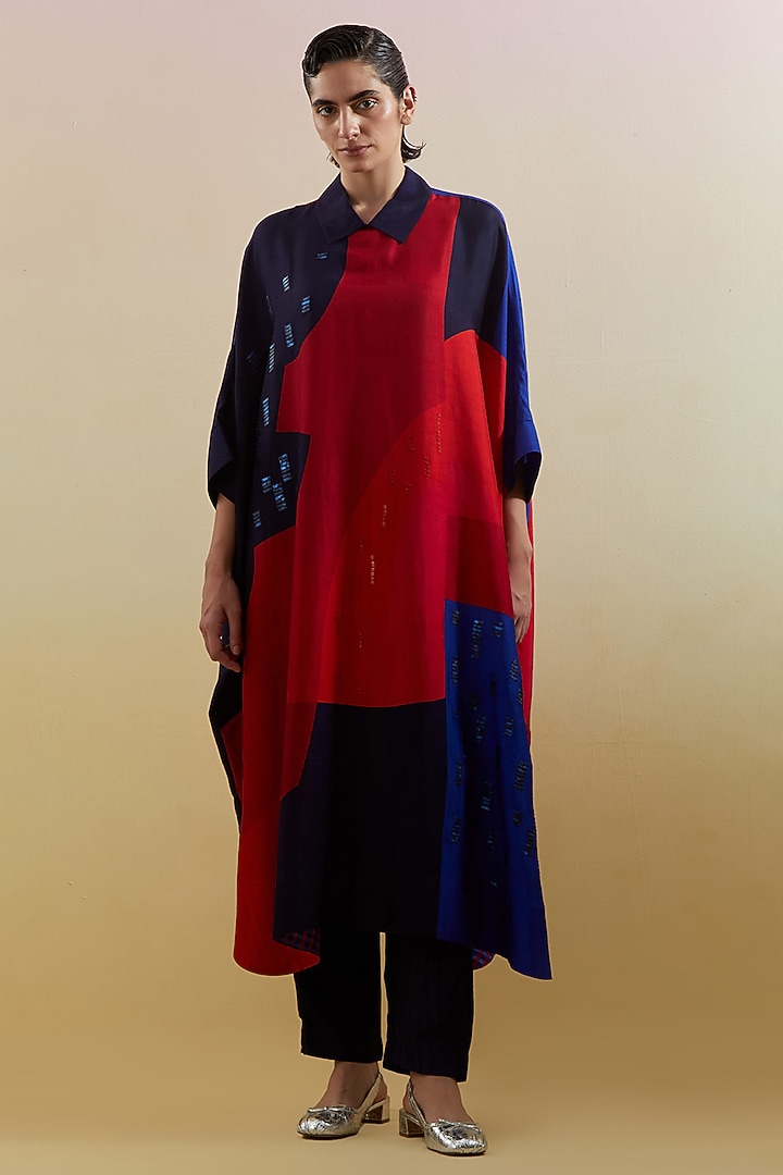 Navy & Red Dupion Silk Printed High-Low Kaftan Set by CLOS at Pernia's Pop Up Shop