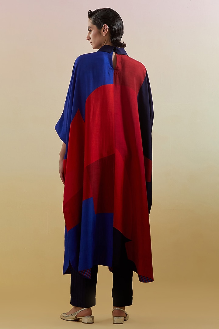Navy & Red Dupion Silk Printed High-Low Kaftan Set by CLOS at Pernia's Pop Up Shop