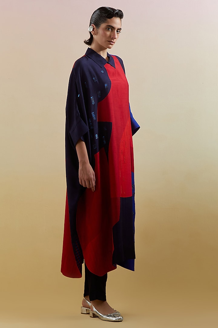 Navy & Red Dupion Silk Printed High-Low Kaftan Set by CLOS at Pernia's Pop Up Shop