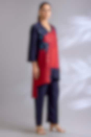 Navy Blue & Red Dupion Silk Tunic Set by CLOS at Pernia's Pop Up Shop