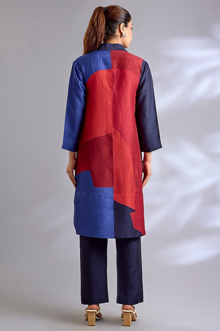 Navy Blue & Red Dupion Silk Tunic Set by CLOS at Pernia's Pop Up Shop
