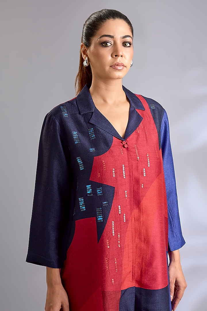 Navy Blue & Red Dupion Silk Tunic Set by CLOS at Pernia's Pop Up Shop