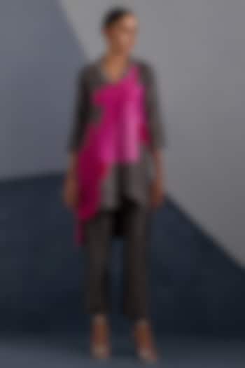 Graphite Grey & Red Dupion Silk Printed Asymmetrical Tunic Set by CLOS at Pernia's Pop Up Shop