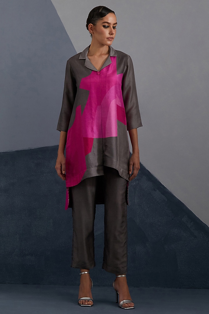 Graphite Grey & Red Dupion Silk Printed Asymmetrical Tunic Set by CLOS at Pernia's Pop Up Shop