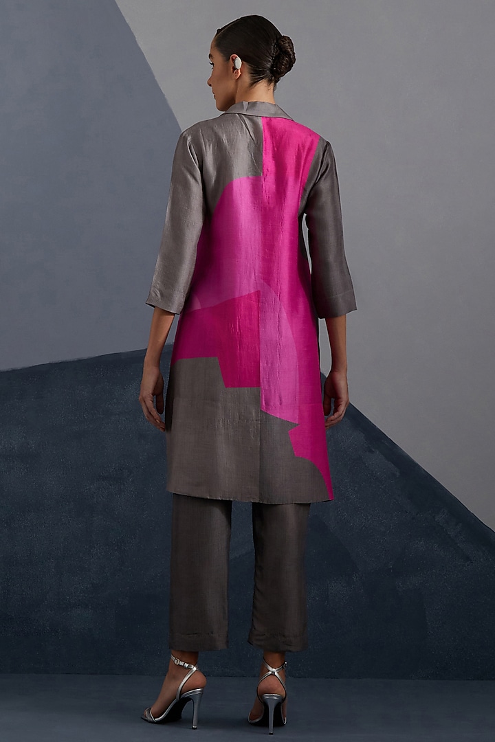 Graphite Grey & Red Dupion Silk Printed Asymmetrical Tunic Set by CLOS at Pernia's Pop Up Shop
