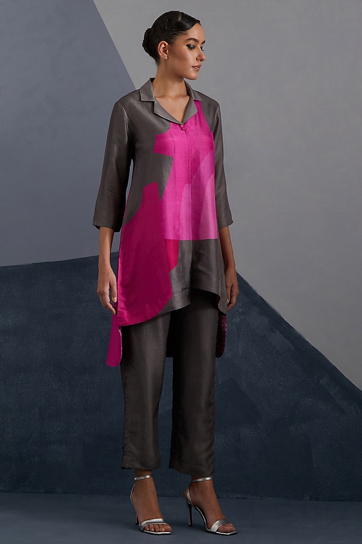 Graphite Grey & Red Dupion Silk Printed Asymmetrical Tunic Set by CLOS at Pernia's Pop Up Shop
