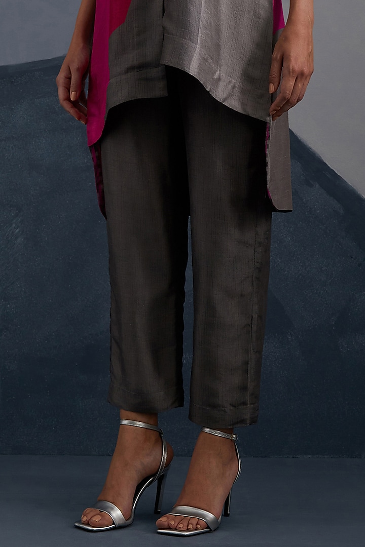 Graphite Grey & Red Dupion Silk Printed Asymmetrical Tunic Set by CLOS at Pernia's Pop Up Shop
