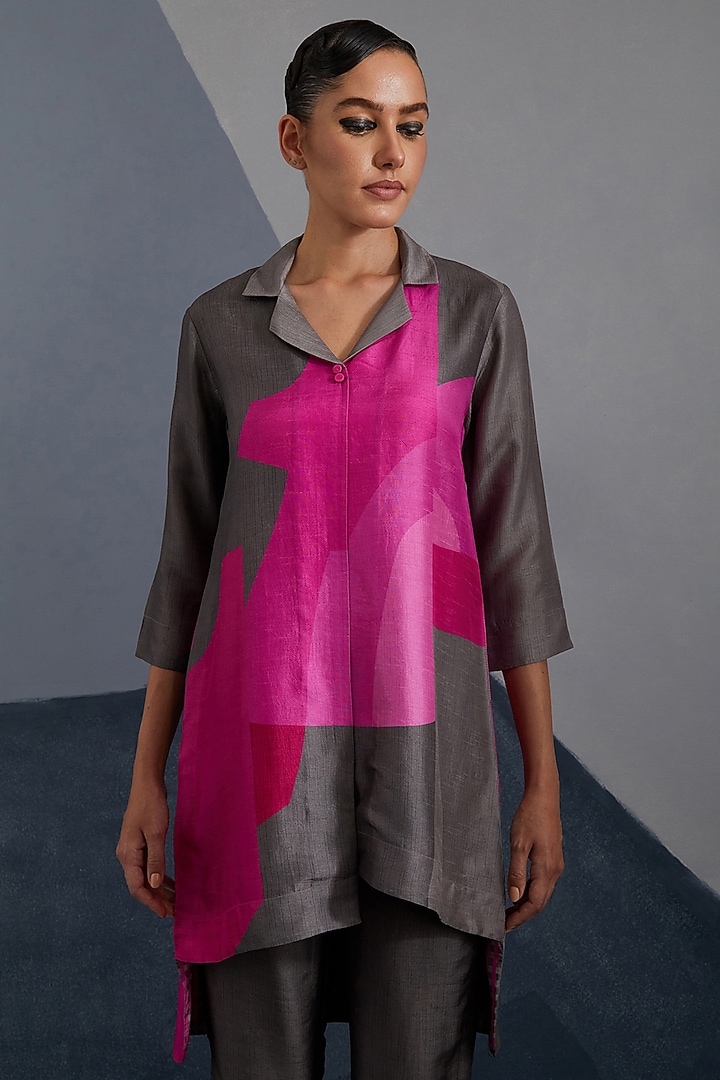 Graphite Grey & Red Dupion Silk Printed Asymmetrical Tunic Set by CLOS at Pernia's Pop Up Shop