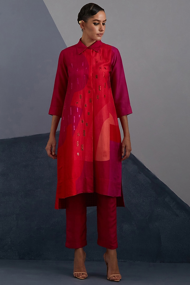 Vermilion & Fuchsia Dupion Silk Printed Tunic Set by CLOS at Pernia's Pop Up Shop