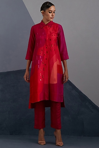 Vermilion & Fuchsia Dupion Silk Printed Tunic Set by CLOS