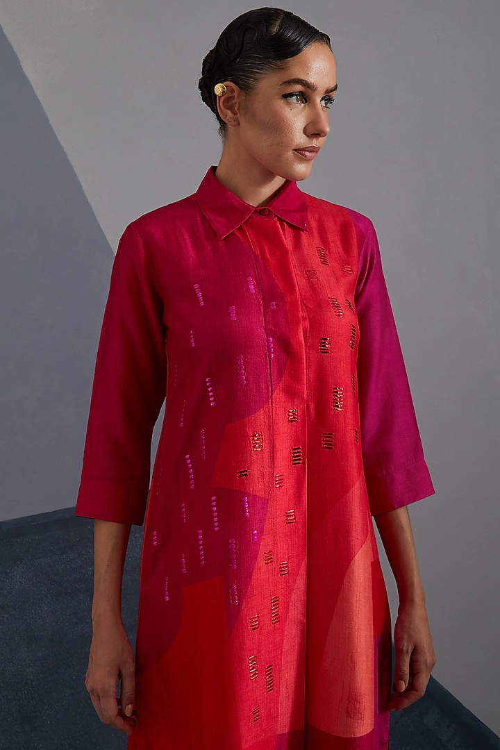 Vermilion & Fuchsia Dupion Silk Printed Tunic Set by CLOS at Pernia's Pop Up Shop