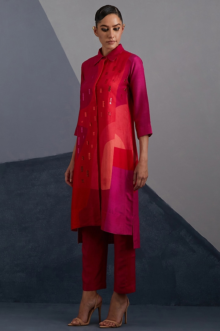 Vermilion & Fuchsia Dupion Silk Printed Tunic Set by CLOS at Pernia's Pop Up Shop