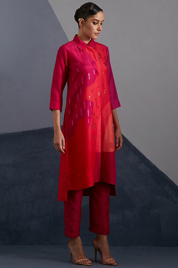 Vermilion & Fuchsia Dupion Silk Printed Tunic Set by CLOS at Pernia's Pop Up Shop