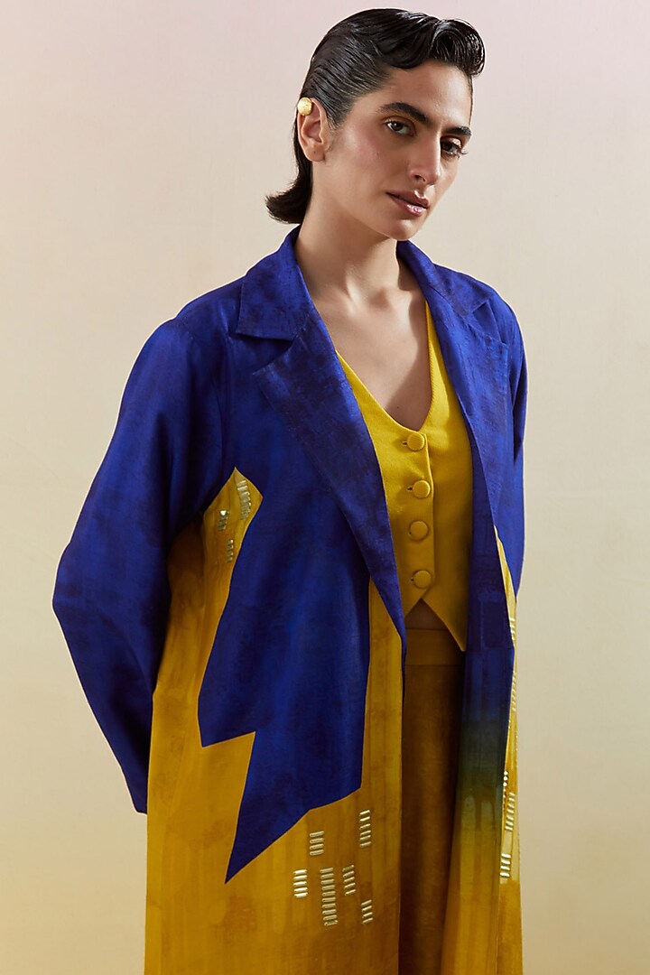 Azure & Amber Dupion Silk Printed Jacket Set by CLOS at Pernia's Pop Up Shop
